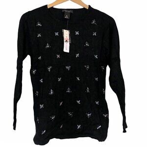 NEW NWT INVESTMENTS Black Beaded Bead Embellished Crewneck Sweater PETITE Small
